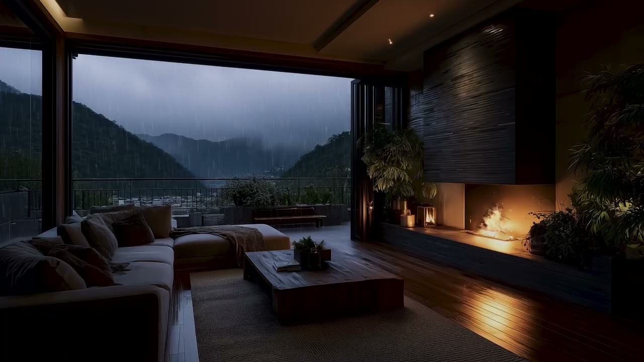 Rainy Evening in a Cozy Mountain View Living Room 🔥| Fireplace Sounds for Sleep
