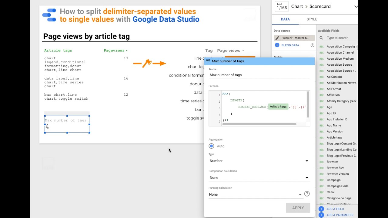 Split comma-separated values to single values with Google Data Studio - Configuration review
