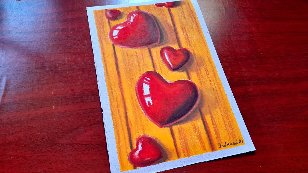 Valentines day drawing, 3D red heart drawing with oil pastel