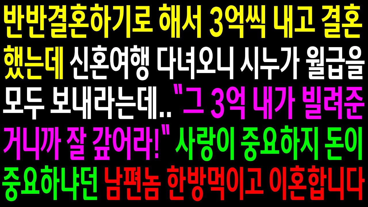 (실화사연)반반결혼하기로 해서 3억씩 내고 결혼했는데 신혼여행 다녀오니 시누가 월급을 모두 보내라는데..사랑이 중요하지 돈이 중요하냐던 남편놈[신청사연][사이다썰][사연라디오]