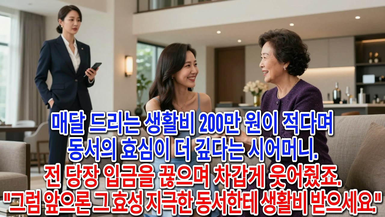 매달 드리는 생활비 200만 원이 적다며 동서의 효심이 더 깊다는 시어머니. 전 당장 입금을 끊으며 차갑게 웃어줬죠. 