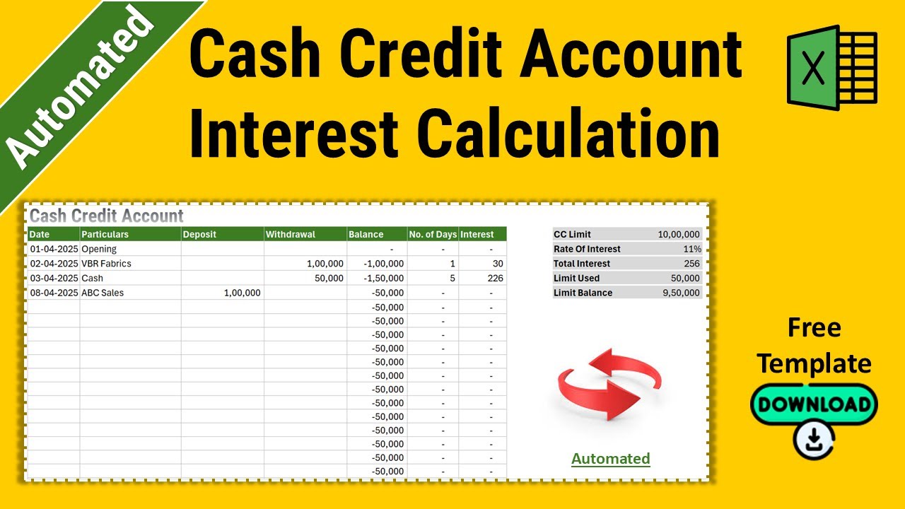 Cash Credit Account Interest Calculation in Excel | CC Account Interest Calculator