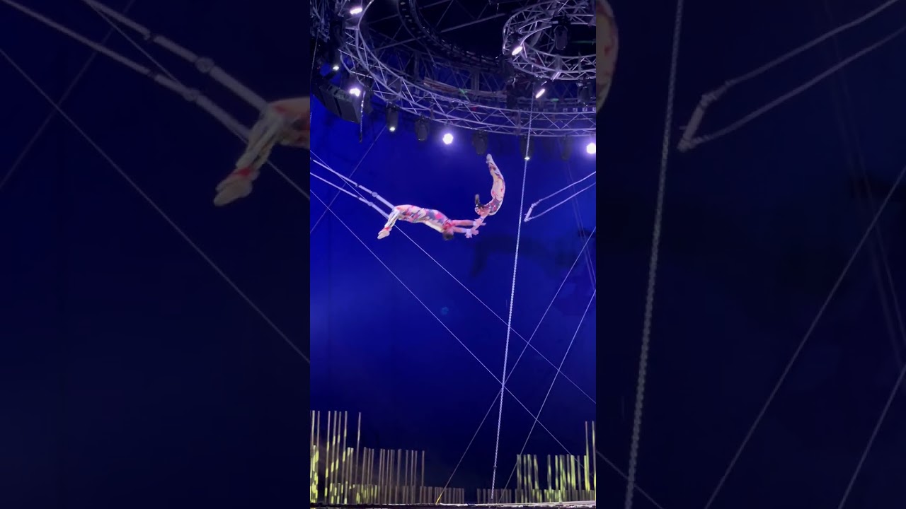 Traditional circus trapeze artists are putting on an impressive performance!