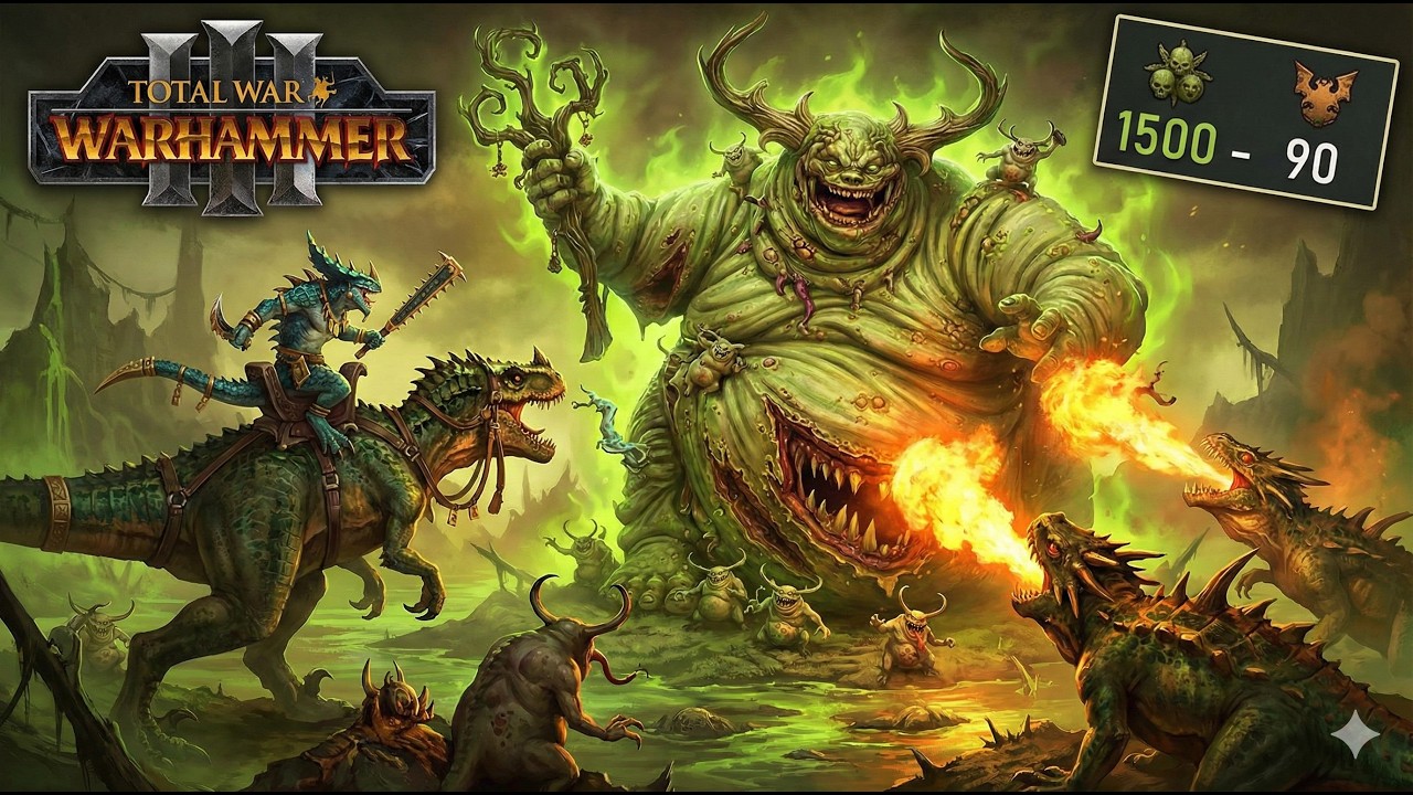 《Total War: Warhammer 3》庫加斯肉身神坦！納垢1500:100完虐蜥蜴人 霸王龍火蜥蜴菁英流慘敗