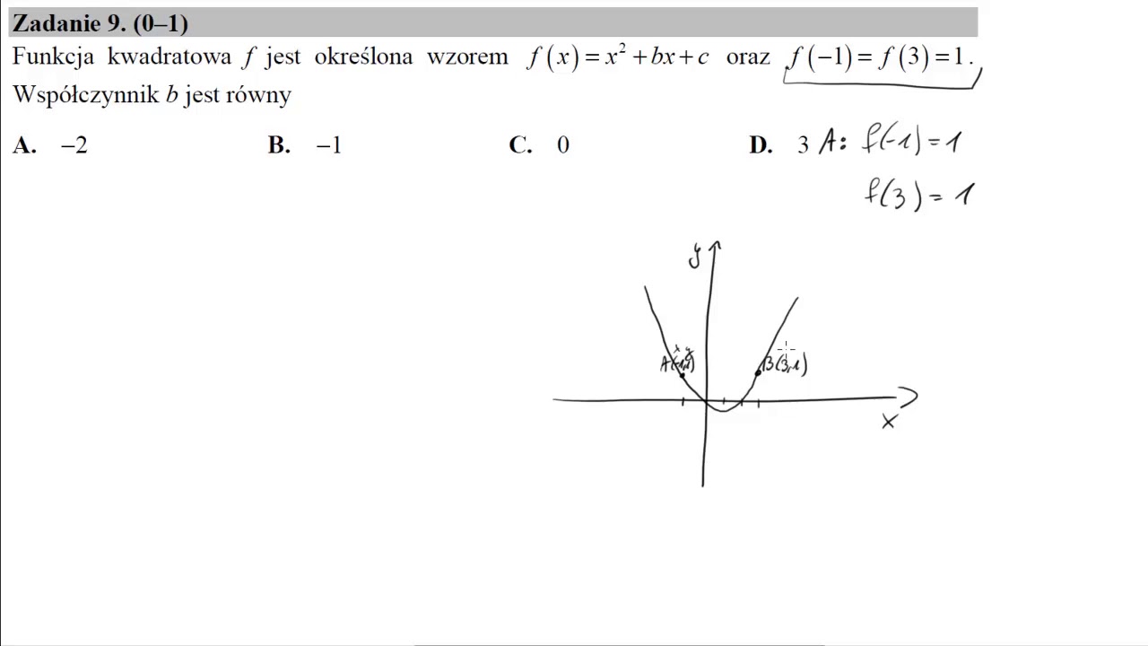 Matura czerwiec 2017 zadanie 9 Funkcja kwadratowa f jest określona wzorem f(x)=x^2+bx+c oraz f(−1)=f