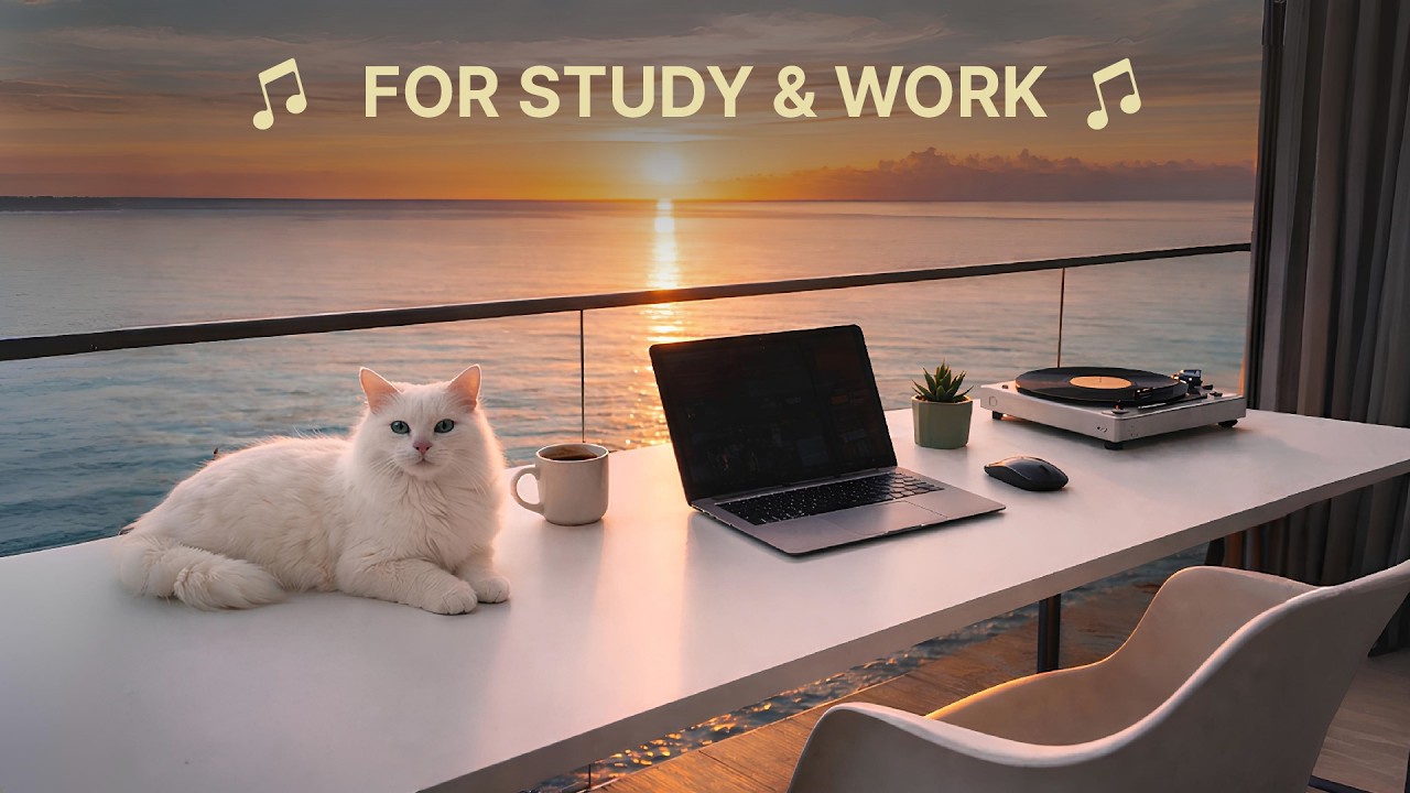 Lofi Jazz Beats for Study & Work ☕ Cozy Ocean Workspace with Cat 🐱