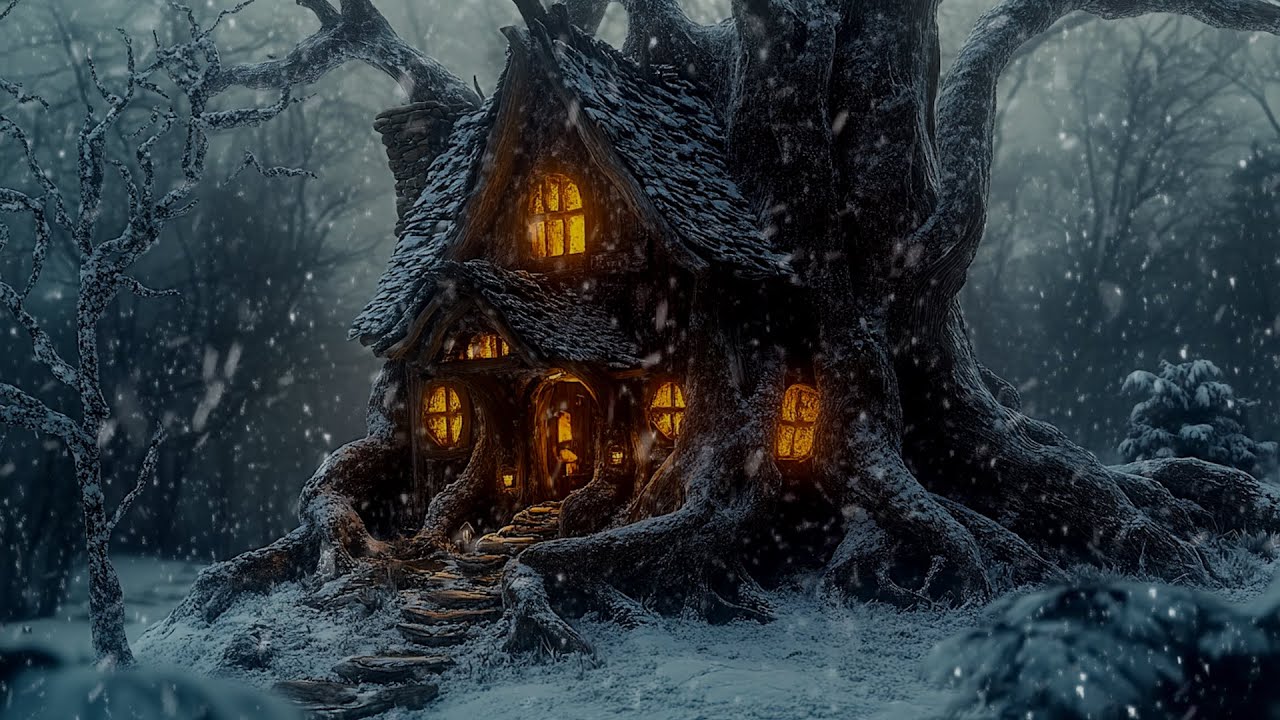 Hidden Ancient Tree Cottage: Snowy Winter Forest Ambience for Intense Focus and Better Sleep
