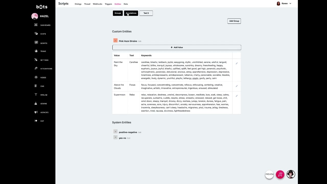 Entities in Hazel for Pink Haze Cannabis Chatbot