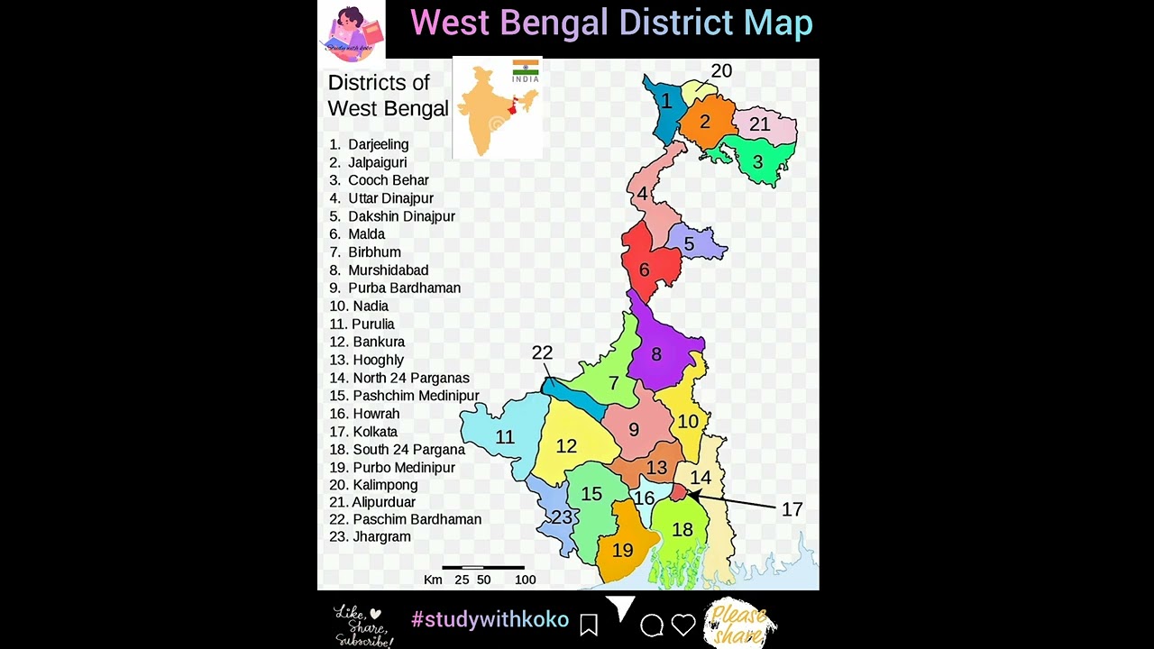 West Bengal District Map#indiangeography#india#geography#westbengal#upsc#opsc#shorts#studywithkoko