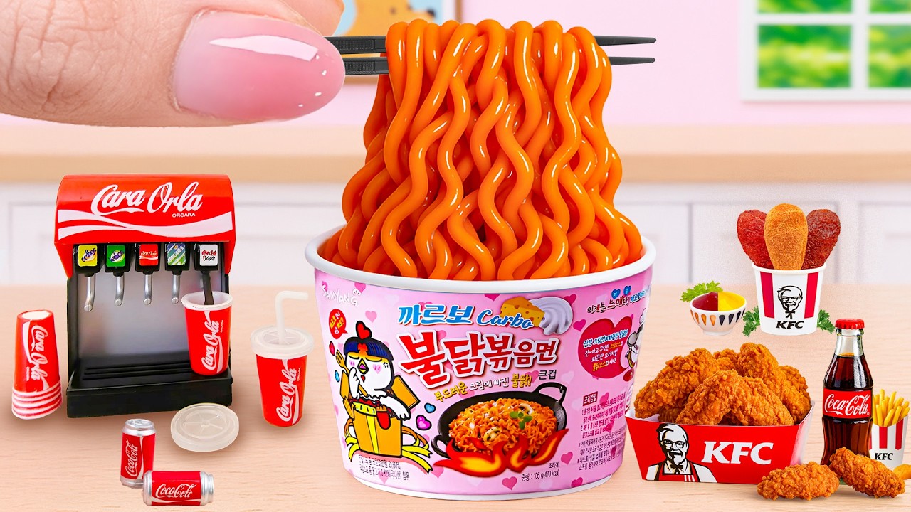 Как приготовить миниатюрную острую лапшу с жареными крылышками KFC и колой от Тони Мини Фуд