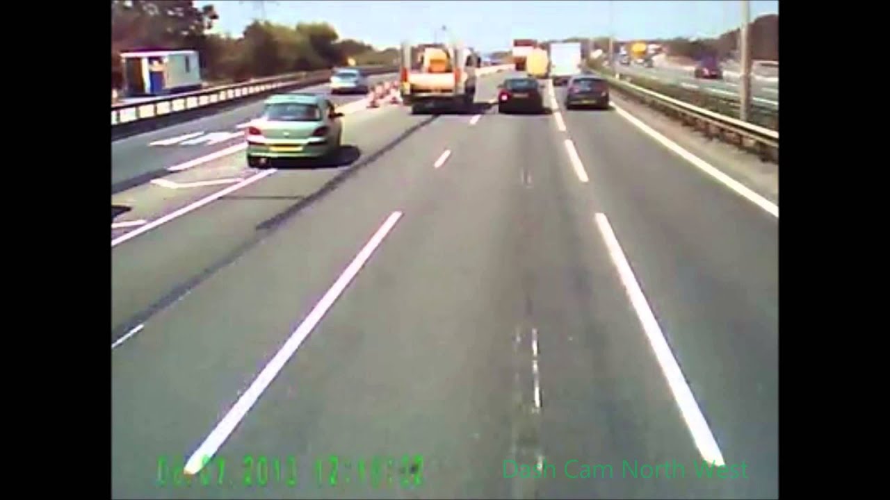 UK driver nearly hits cones exiting a motorway