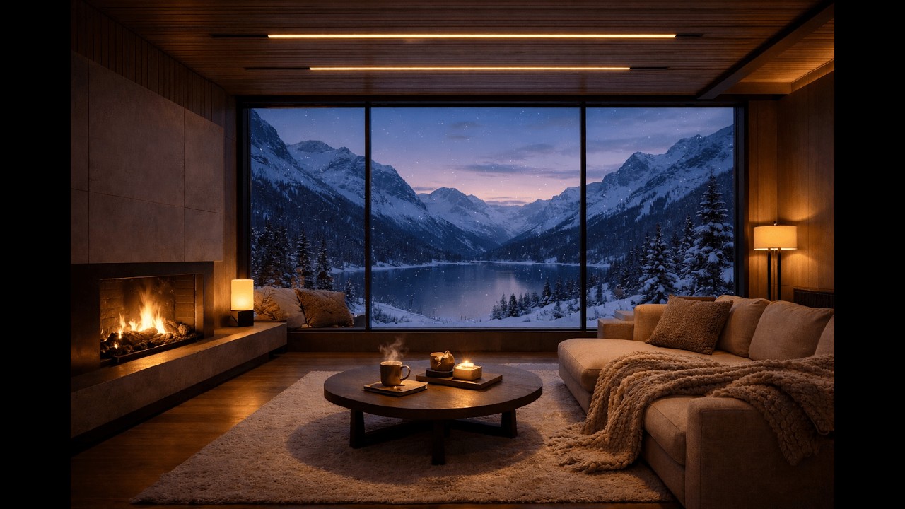 Cozy Winter Mountain Living Room | Fireplace & Calm Evening Ambience (2 Hours)