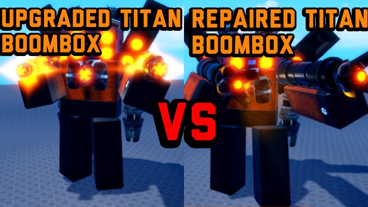Upgraded Titan boombox Bs repaired titan boombox who will win!? Super box siege defence Roblox