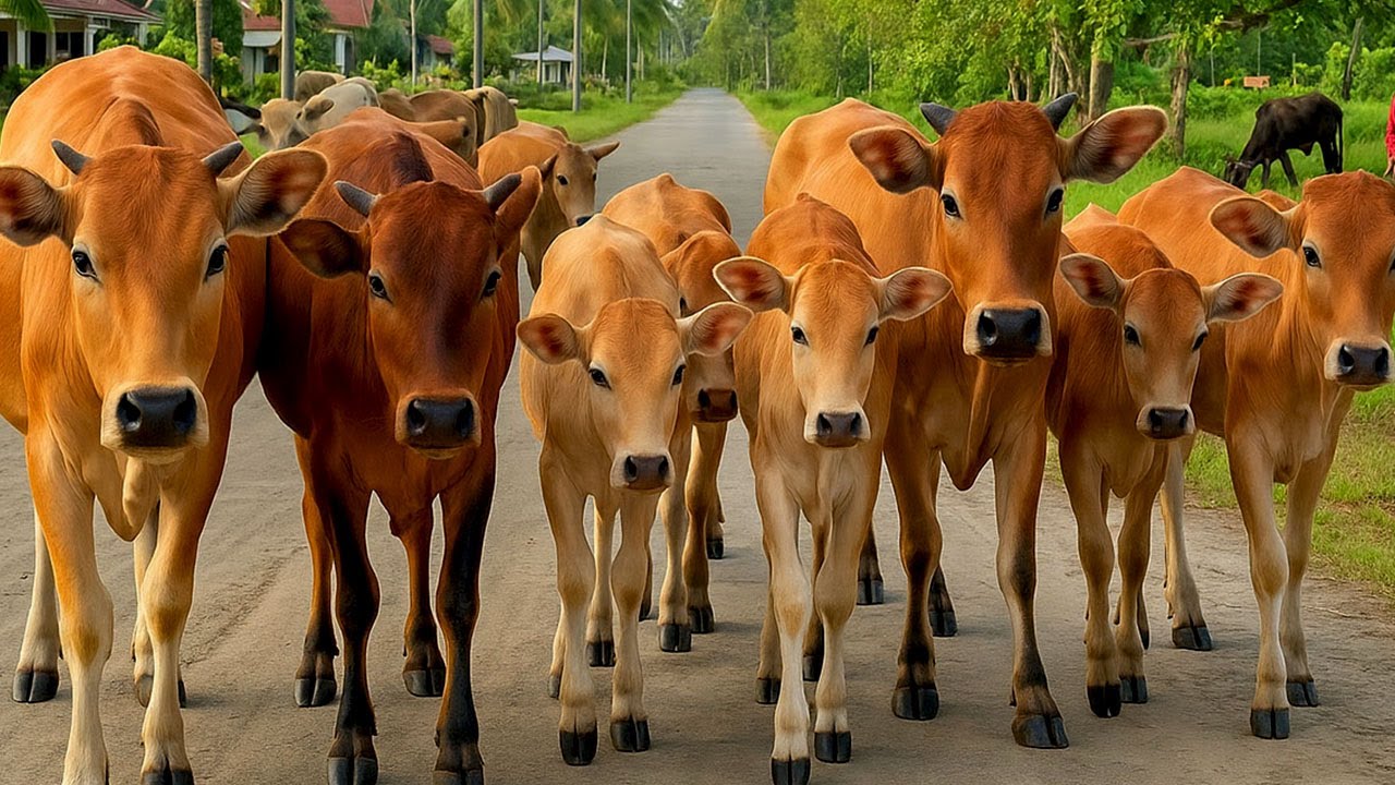 Kerumunan Sapi kampung Beraktivitas di ladang rumput hijau, Suara Sapi Moo, Sapi Lucu Melompat