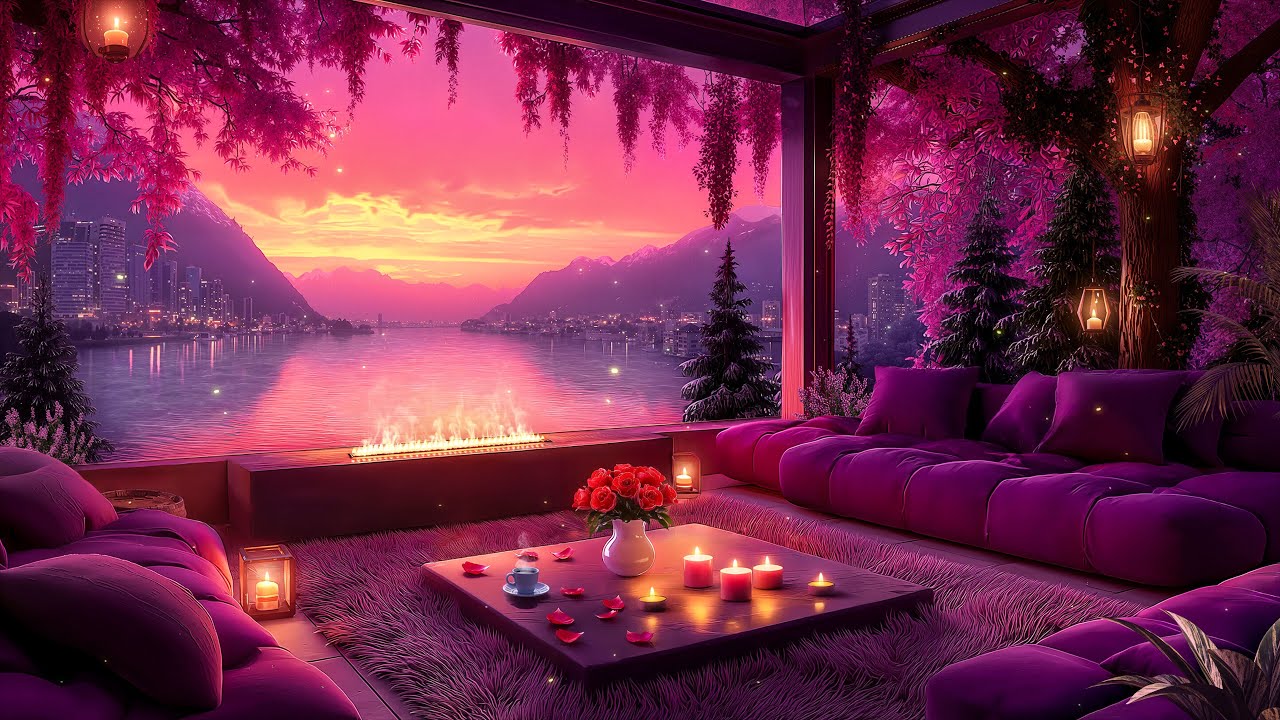 🎶 Smooth Jazz Retreat 🌅🔥 Cozy Pink Balcony Facing a Calm Lake & Soft Mountain Sunset