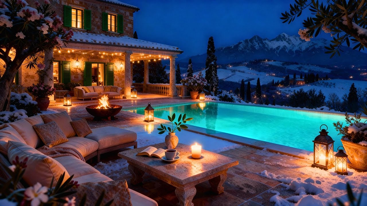 Luxury Tuscan Terrace at Night ✨ 4K Fire Pit, Pool & Soft Jazz