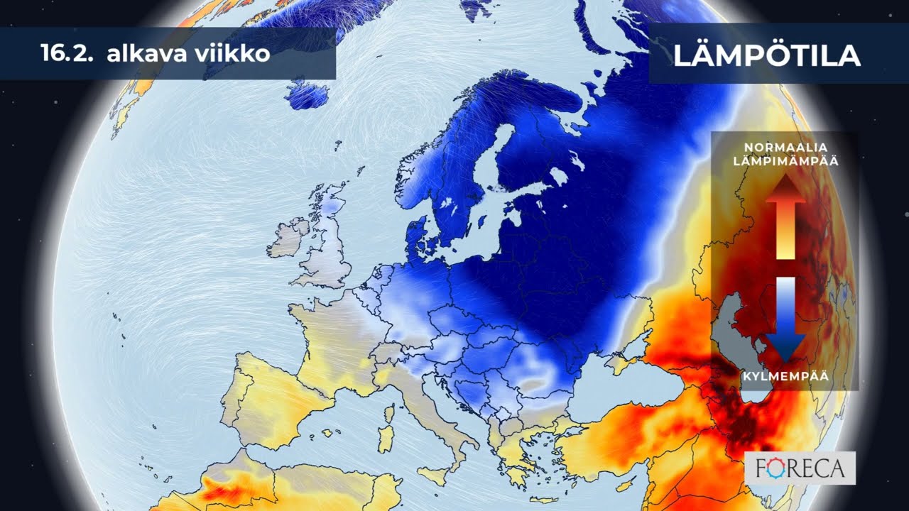Kuukausiennuste lämpötiloista 16.2.2026