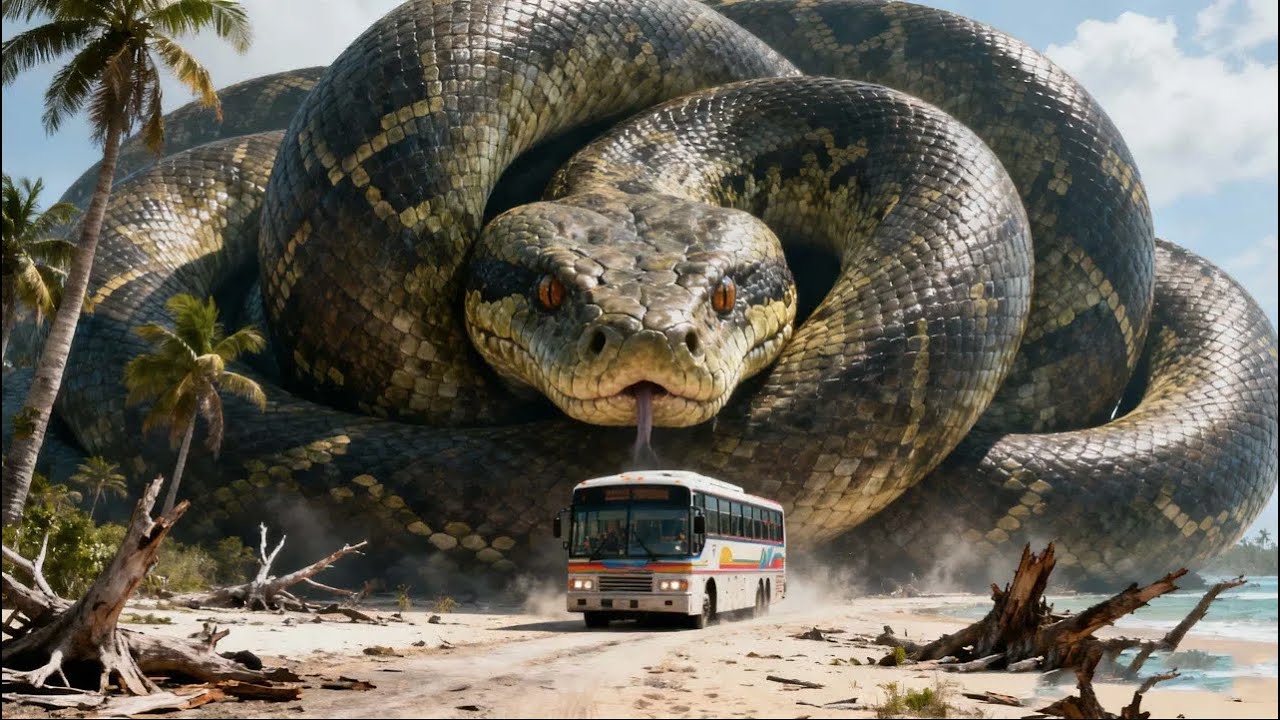 A bus was tightly coiled around a giant snake as it entered a deserted island!【大蛇3龙蛇之战 Snake3】