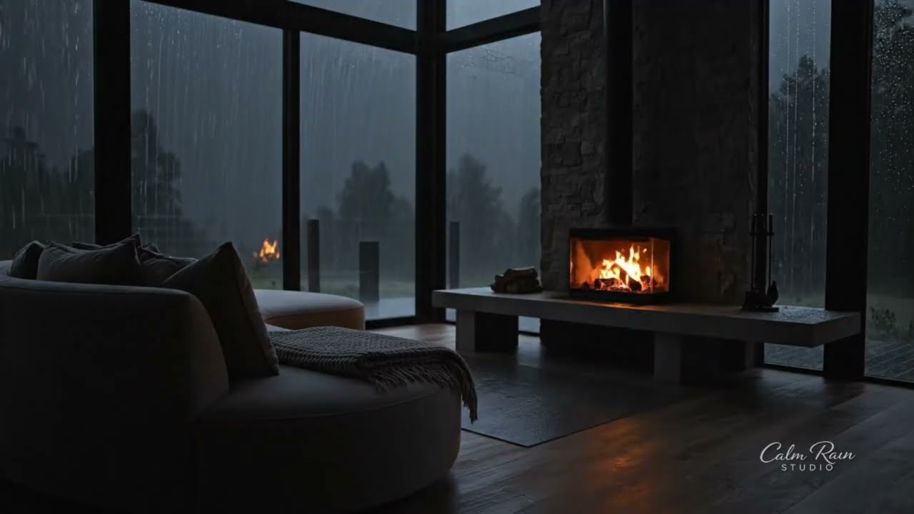 8 HOURS COZY AMBIENCE: Fireplace & Rain in Luxury Living Room (Full HD)