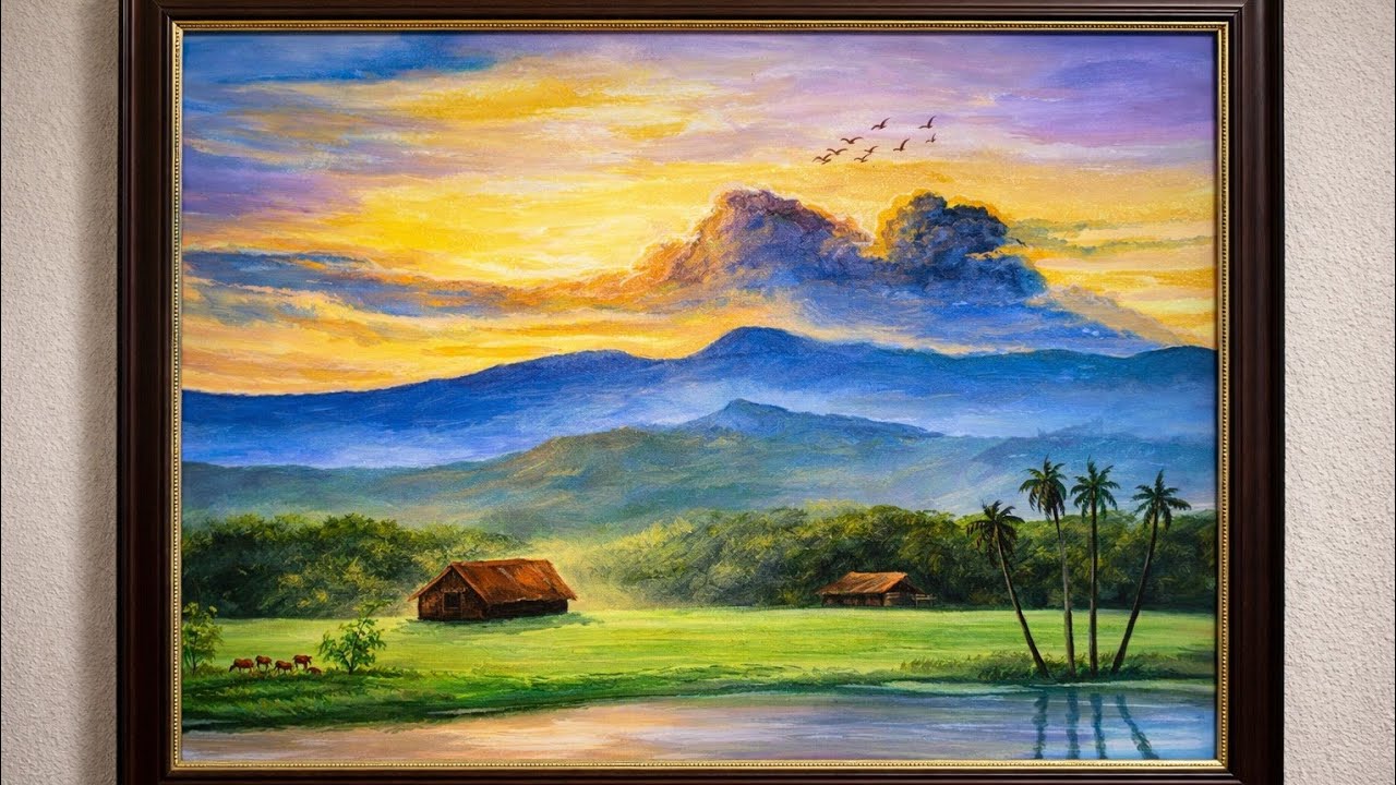 How to Draw a Stunning Village Sunrise Scene | Easy Realistic Acrylic Painting Tutorial