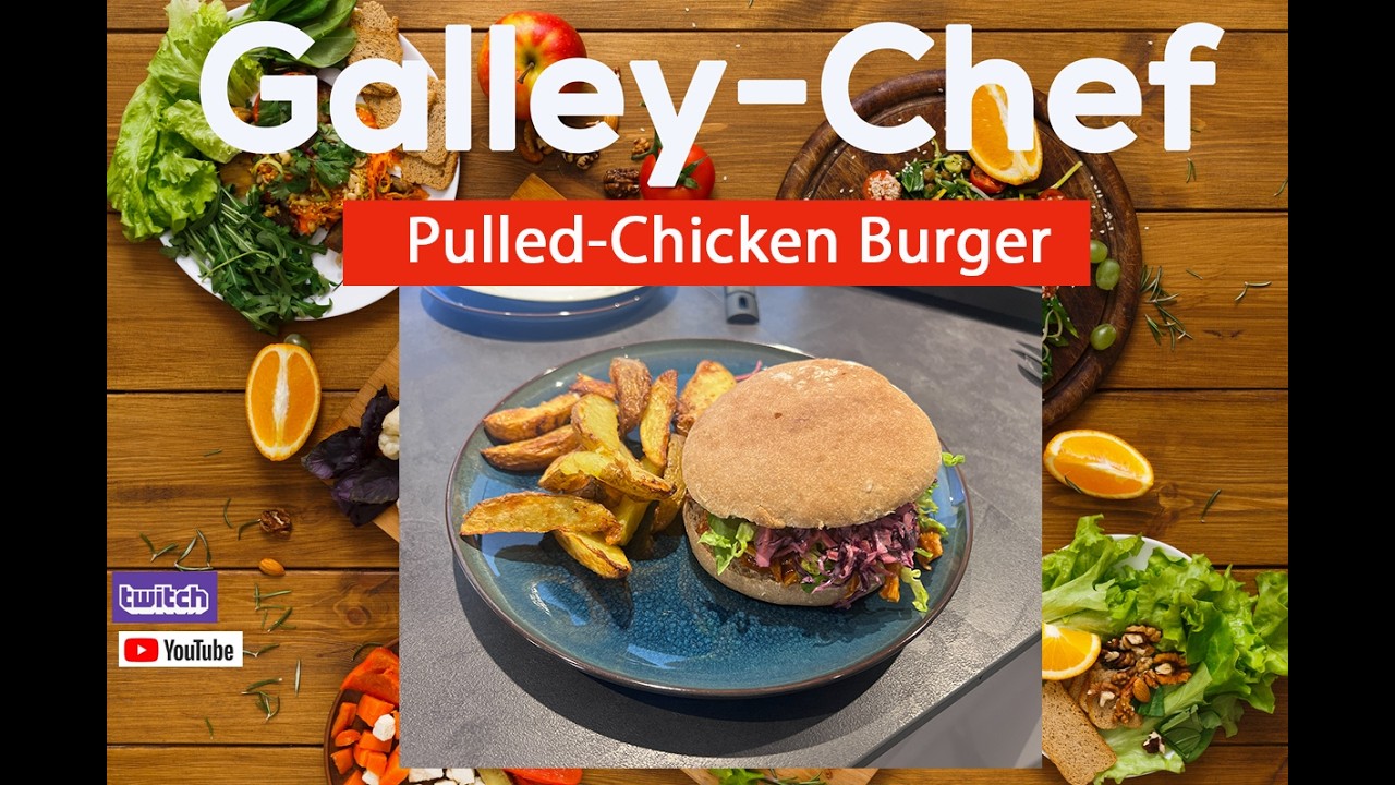 BBQ Pulled-Chicken Burger mit Kartoffel-Ecken