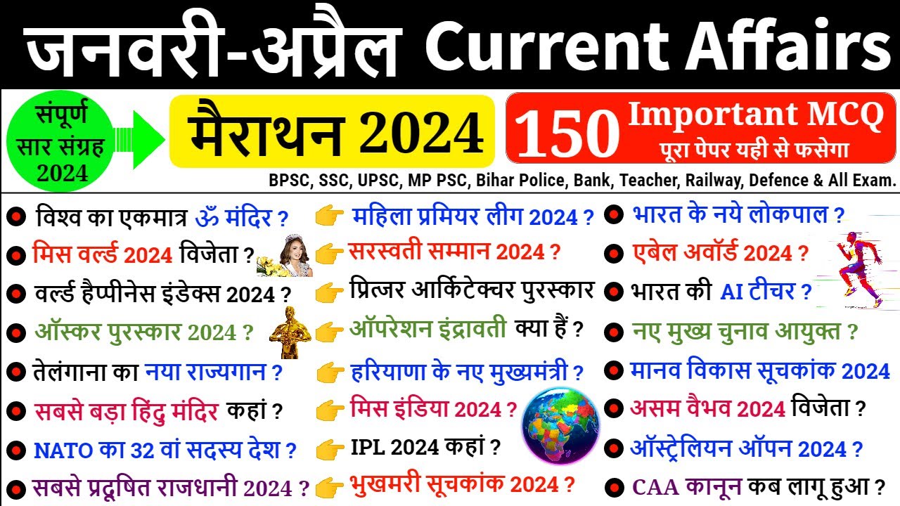 Current Affairs 2024 Marathon | Jan to April 2024 | Last 4 Month Current Affairs | Marathon Classes