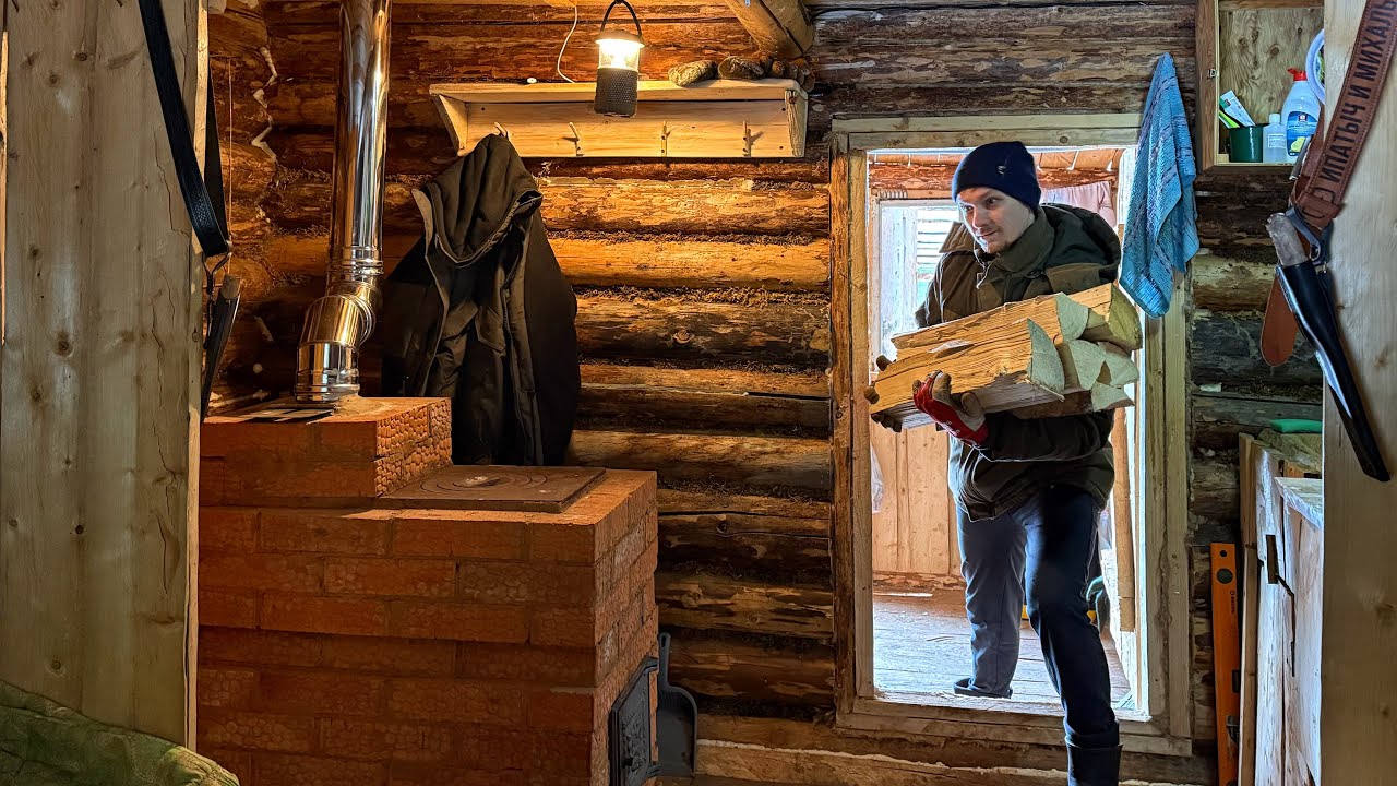 Winter Overnight in a Bushcraft Log Cabin - Off Grid - Blizzard