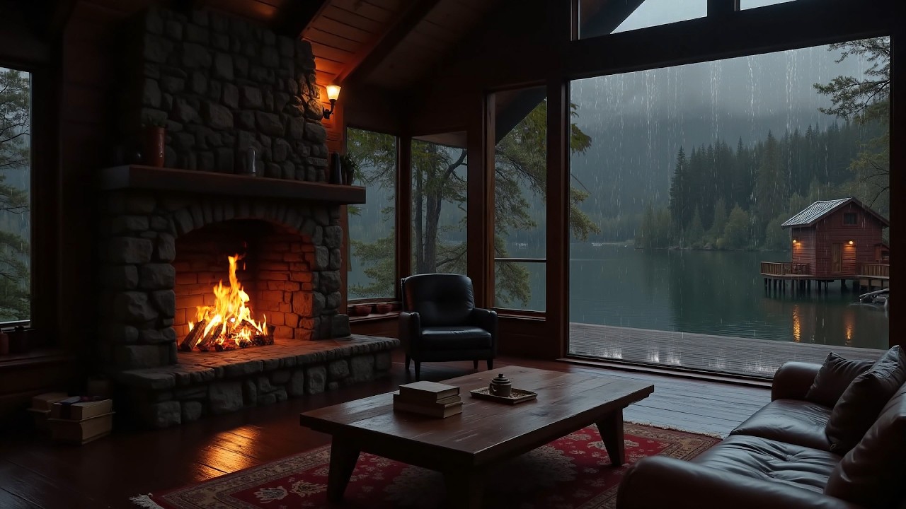 Warm Light Inside a Rainy Forest Cabin ⛈️ Soft Rain & Fireplace Sounds for Sleep & Work