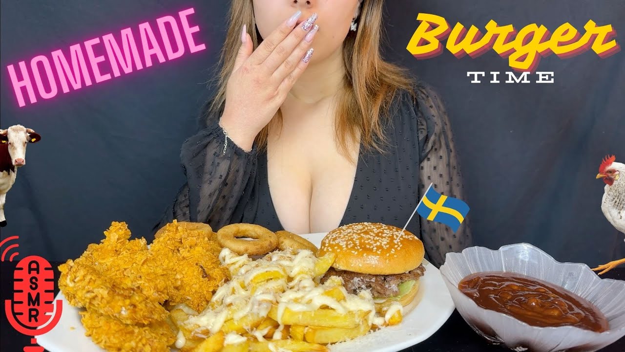 AMSR MUKBANG HOMEMADE SMASHBURGER PARMESAN FRIES ONION RINGS TRUFFEL CHICKEN TENDERS (no talking)