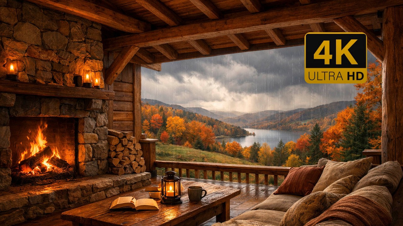 Cozy Autumn Cabin Rain & Fireplace Ambience 🌧🔥| Relaxation & Stress Relief