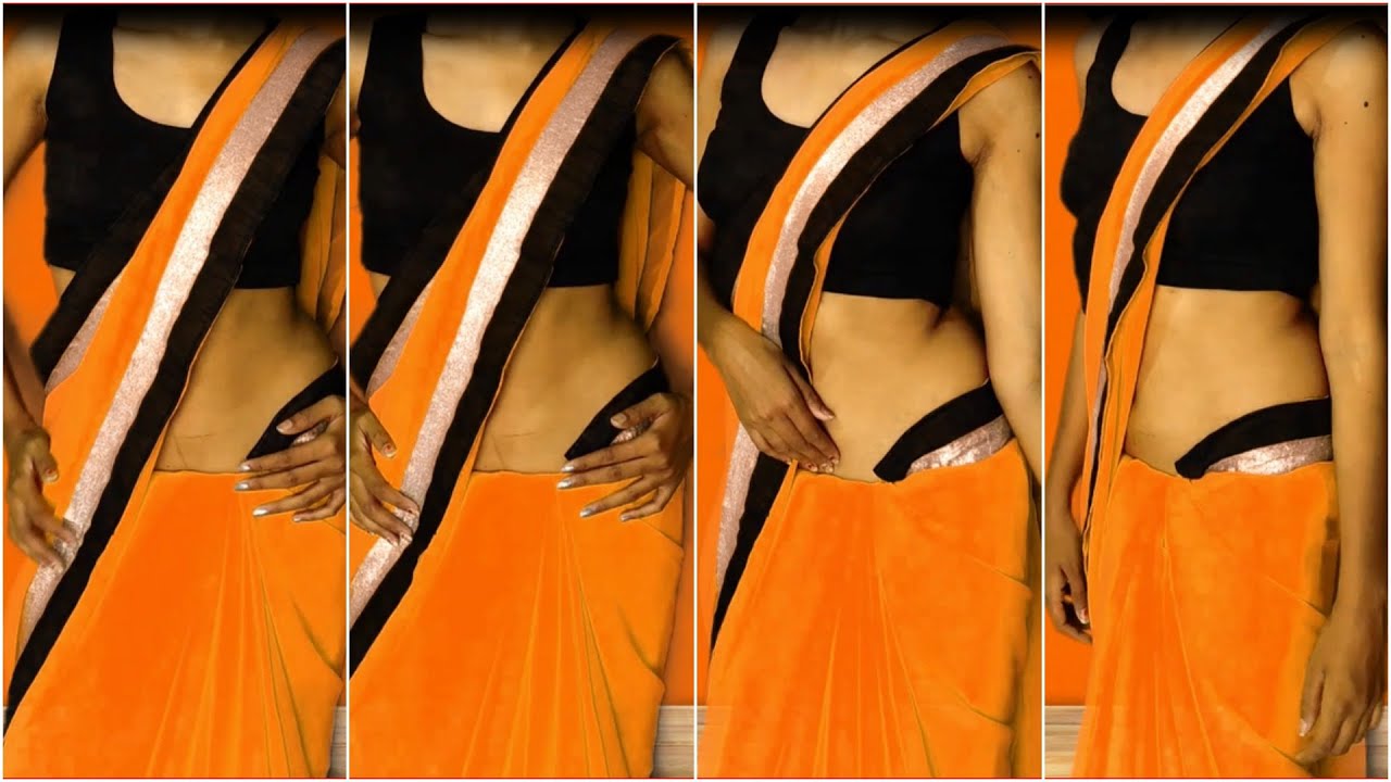 How to wear Extra Low Waist Saree On Dark Orange Color|Beautic Studio