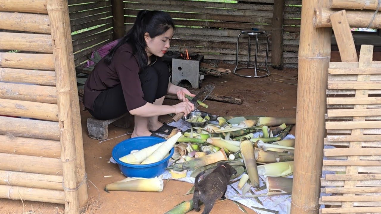 Cooking the first meal in the newly renovated bamboo house, and making a new friend.