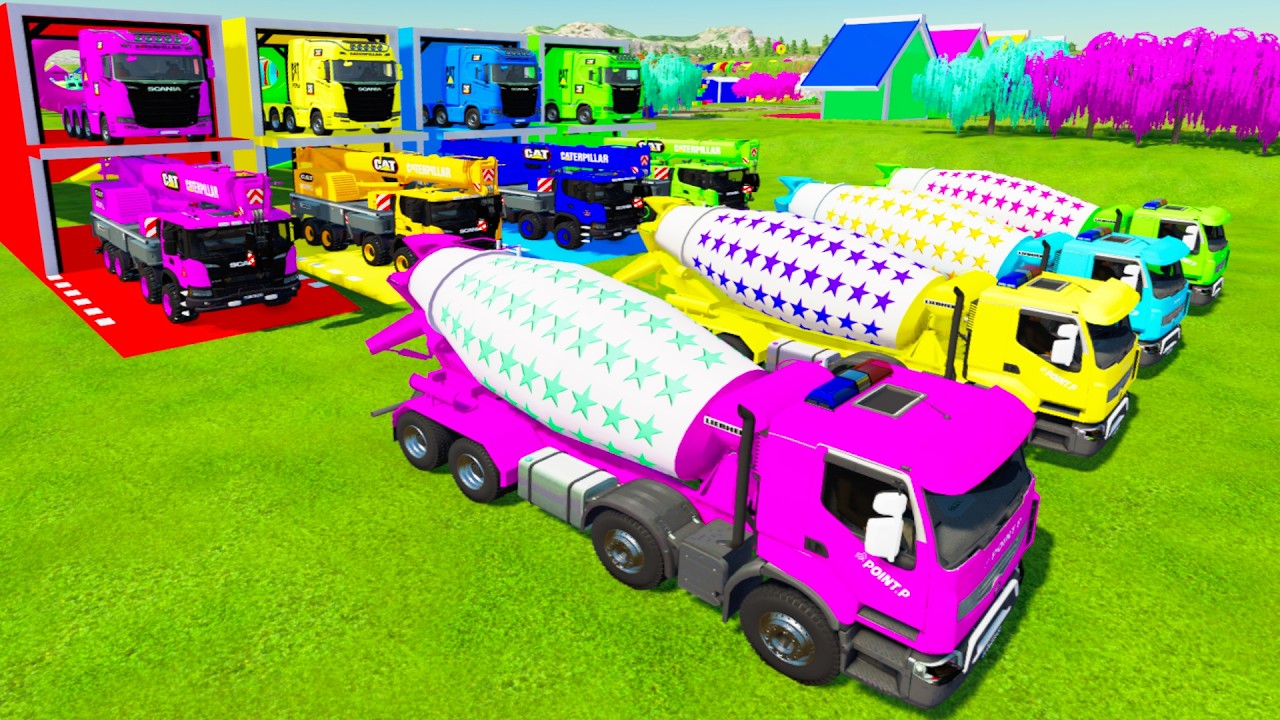 Trucks With Colors - ALL COLORFUL MIXER CEMENT TRUCK, CRANE TRUCK TRANSPOTRING WITH FLATBED TRUCK