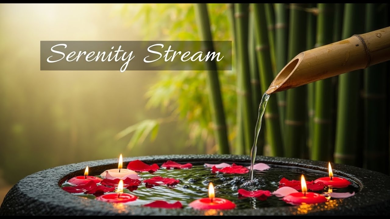 Tranquil Zen River Peace Bamboo Fountain and Candle Glow for Healing Sleep Meditation Serenity