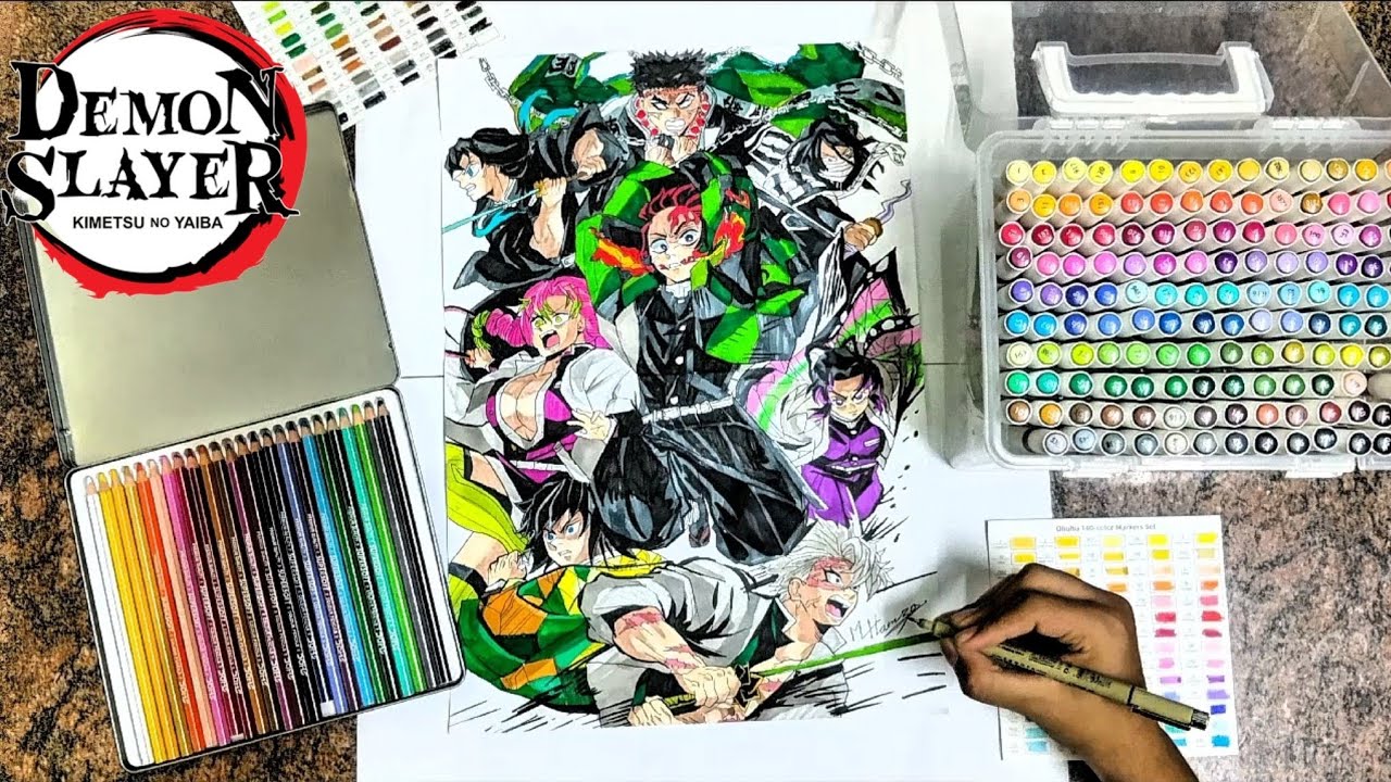 Drawing all Hashiras with Tanjiro ( Poster ) | Time lapse video | Demon Slayer