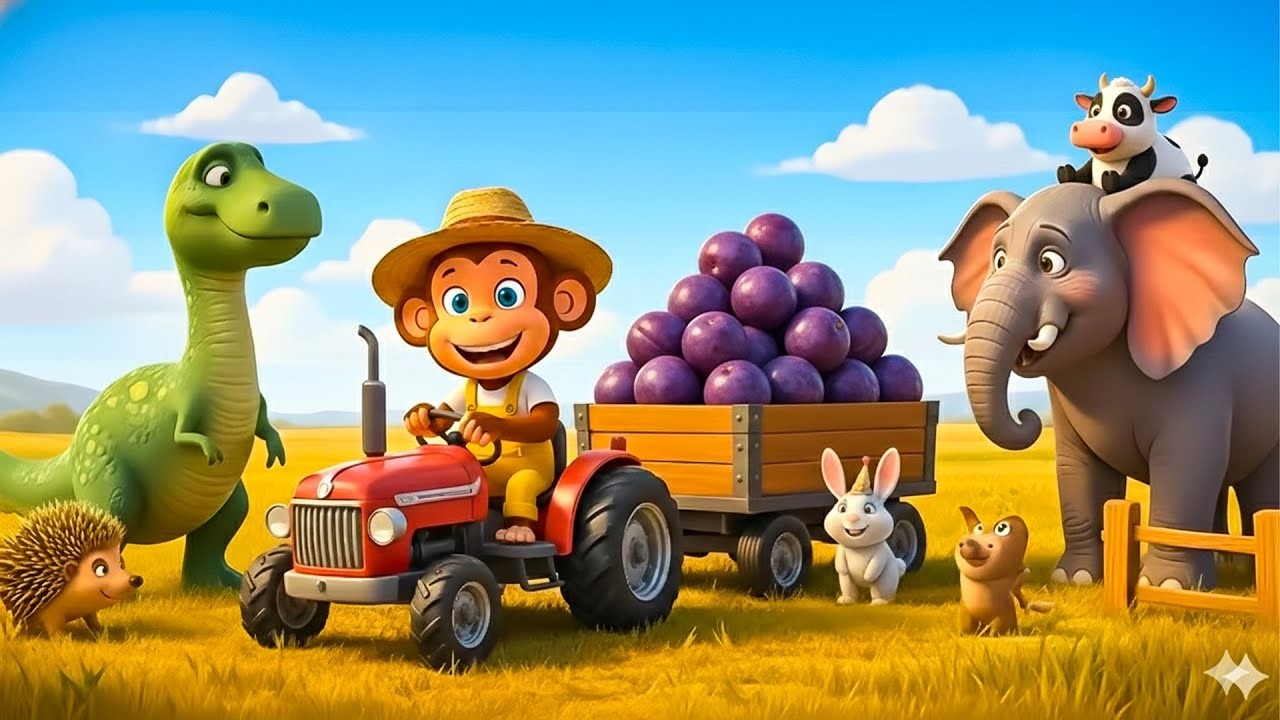 A beautiful day for the monkey on the farm, picking plums and transporting them in his cart.