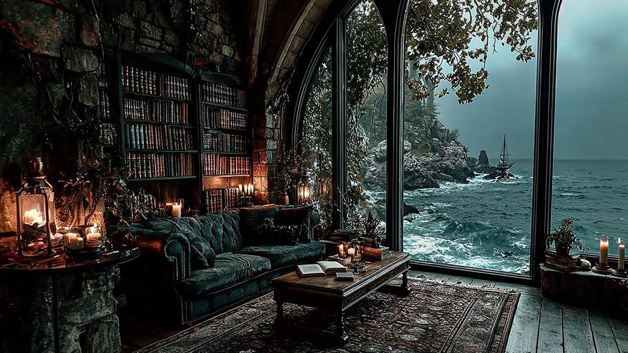 Gothic Ocean Book Room Ambience | Dark Piano with Rain for Focus & Study | Coastal Dark Academia