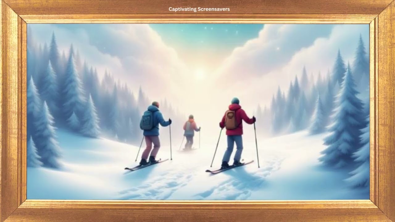 Three Skiers are Shown from Behind | Gold Frame | Winter TV Art Loop | No Sound