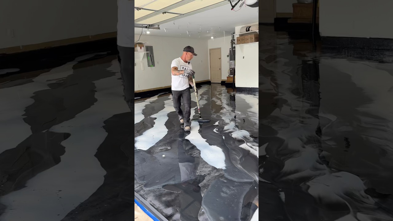 Metallic floor pour and Magic Trowel layout! #metallicfloor #metallic #epoxyfloor #garagefloor