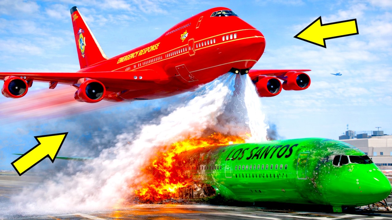 Airplane Firefighter Extinguishes Another Aeroplane After It Crashes Into A Fuel Truck | GTA 5