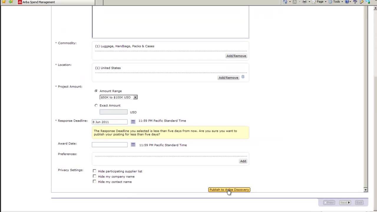 Creating a Sourcing Event with Ariba StartSourcing