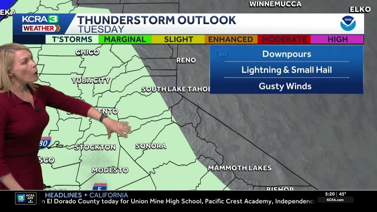 Wet and windy Tuesday. Lowering snow and thunderstorms across Northern California.