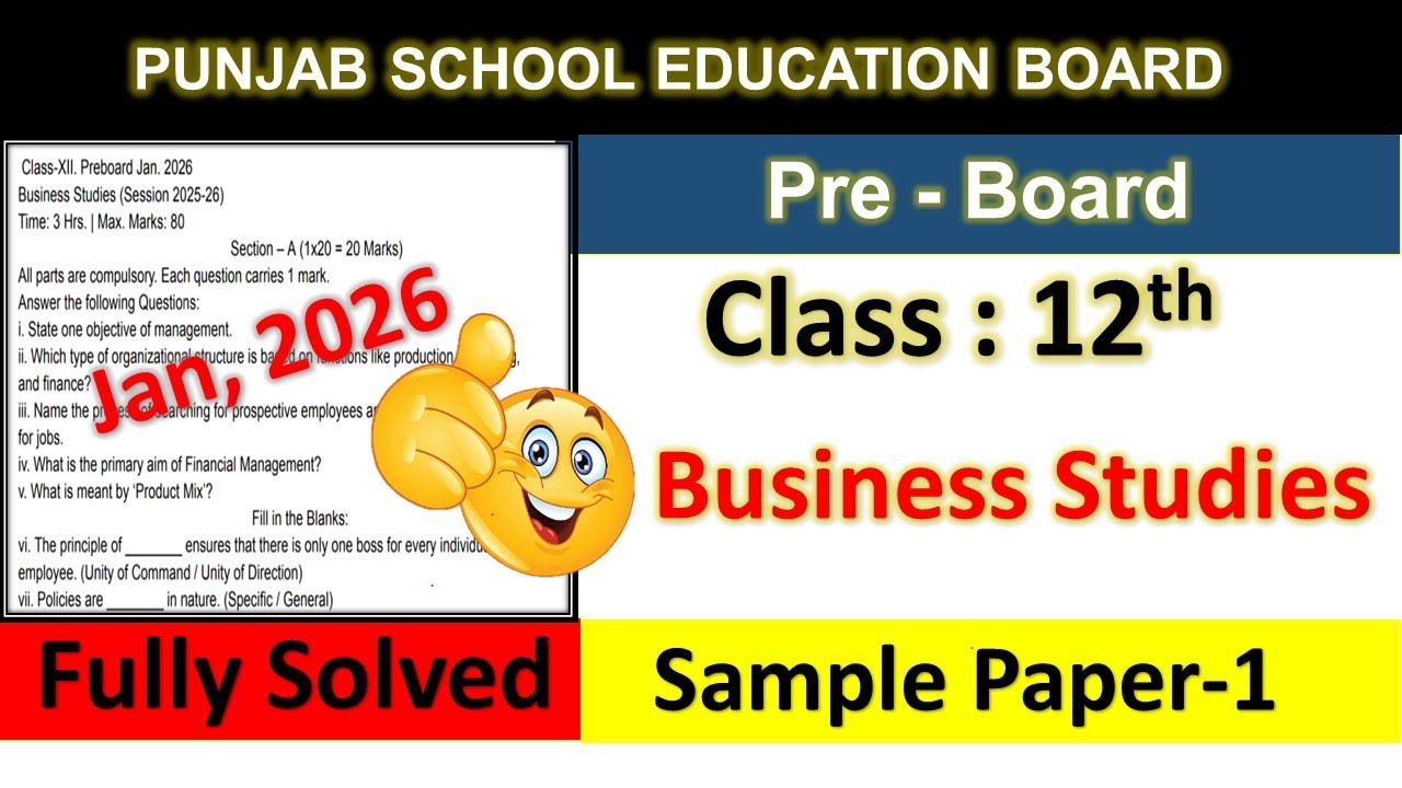 Business Studies Class 12 Pre Board Paper 2026 | pseb 12 class business pre board paper 2026 solved