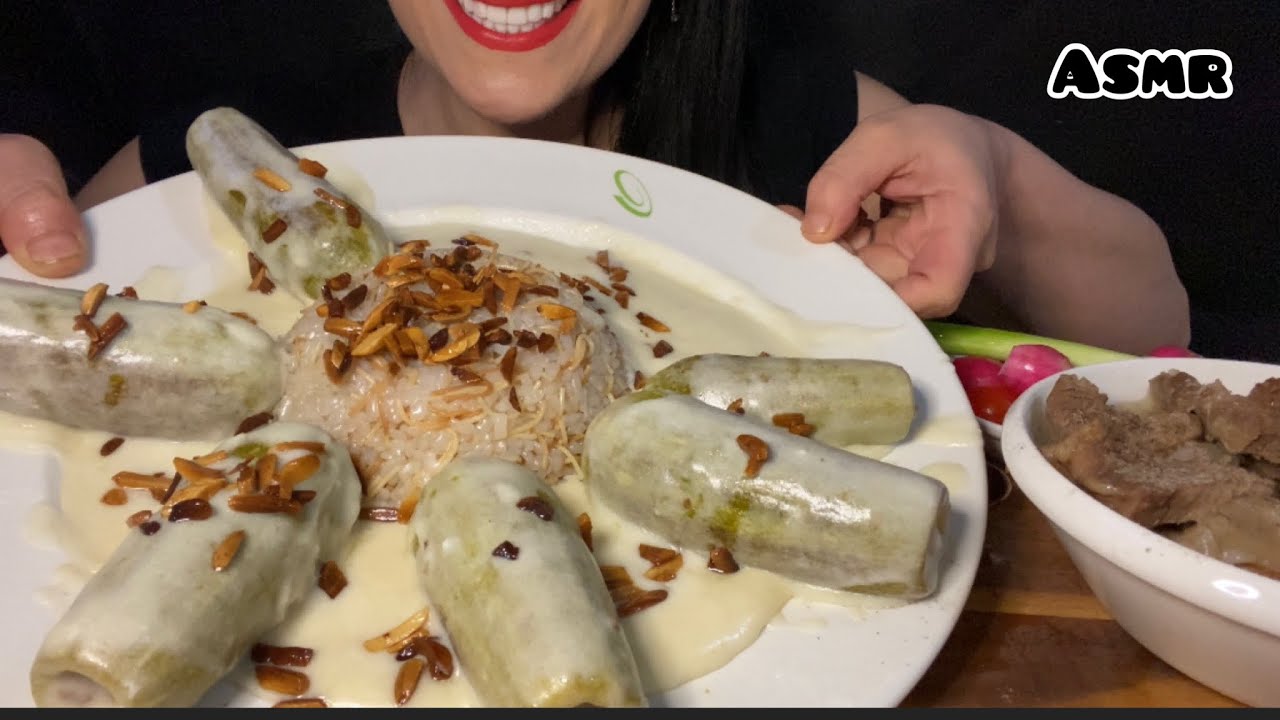 Asmr cook & eat Syrian food sheikh el Mahshi stuffed zucchini with yogurt اكل شيخ المحشي السوري