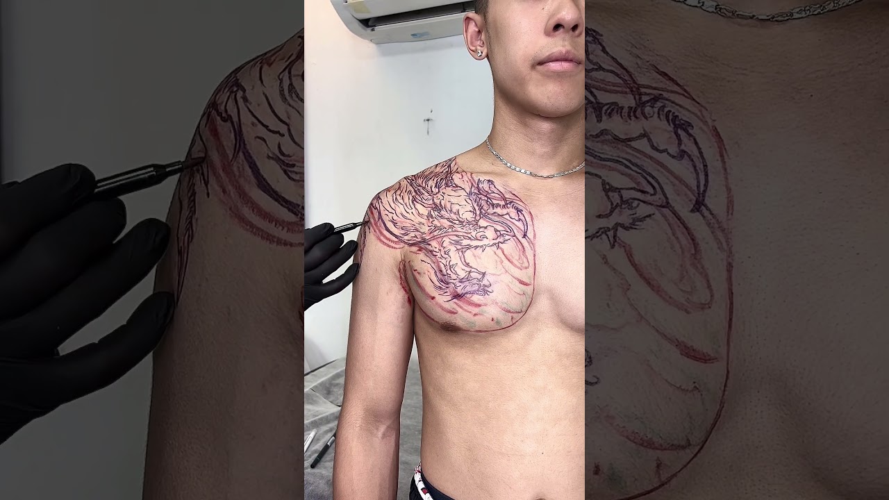 Line Work Dragon Tattoo On Chest - Trung Tadashi #tattoo #tattooart #dragontattoo