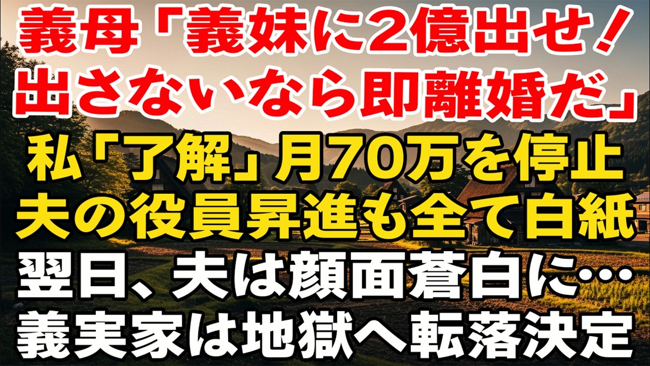 「義妹の持参金2億出さなきゃ離婚！」と義母。私は怒らず月70万円の生活費を即停止、夫の役員昇進も白紙に。翌日、彼は蒼白に…