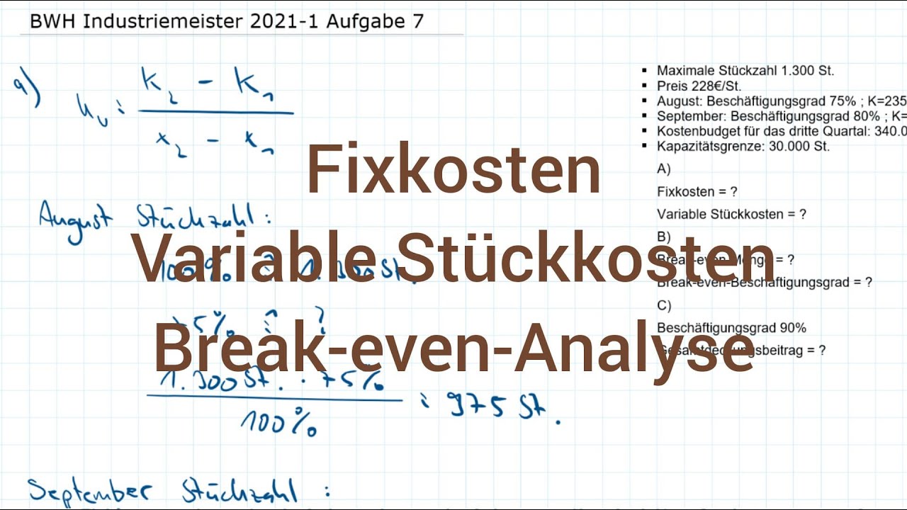 BWH Industriemeister Metall 2021-1 Frühjahr Aufgabe 7 - Stückkosten, Fixkosten, Break-even-Analyse