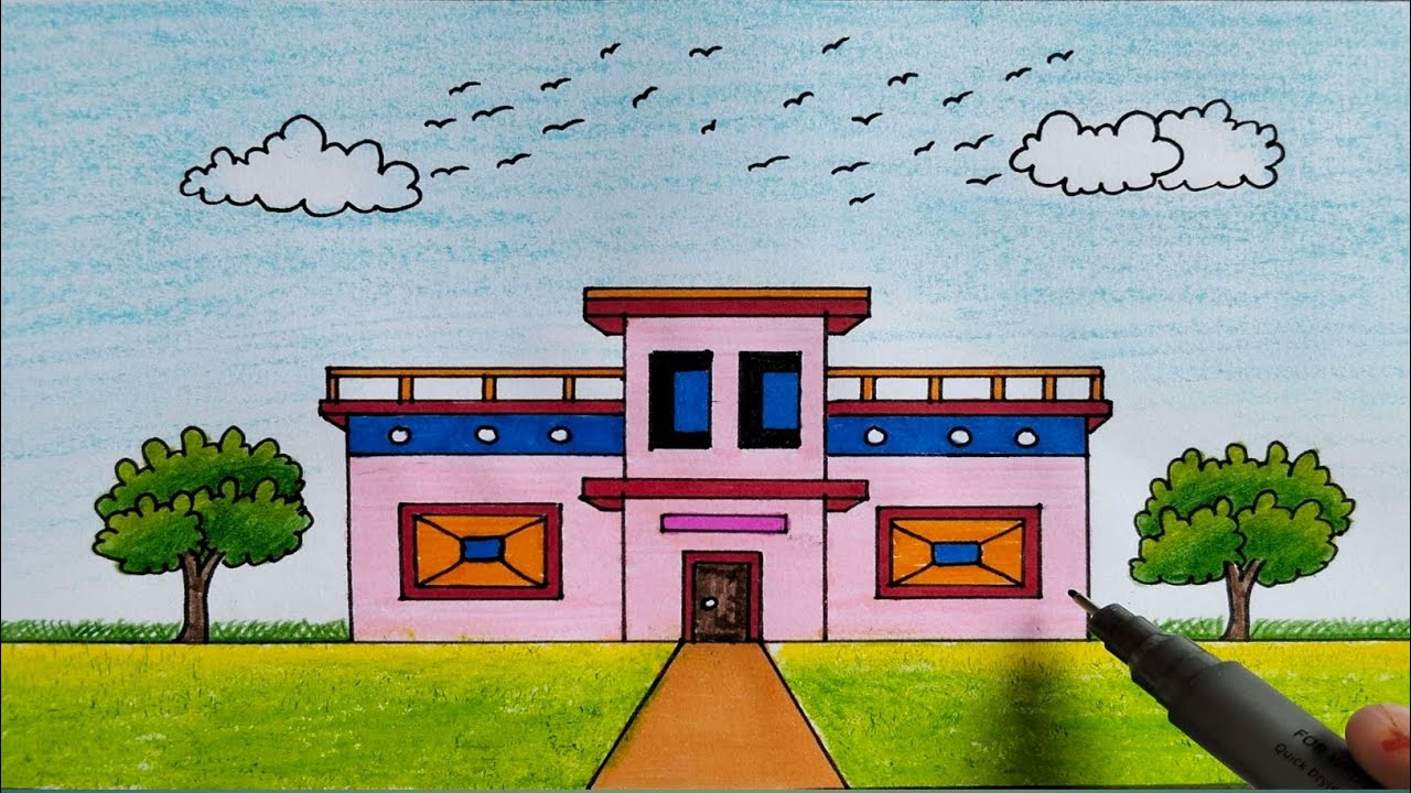 Watch Till End – Beautiful Scenery House Drawing with Trees and Birds | Ghar Ki Drawing 
