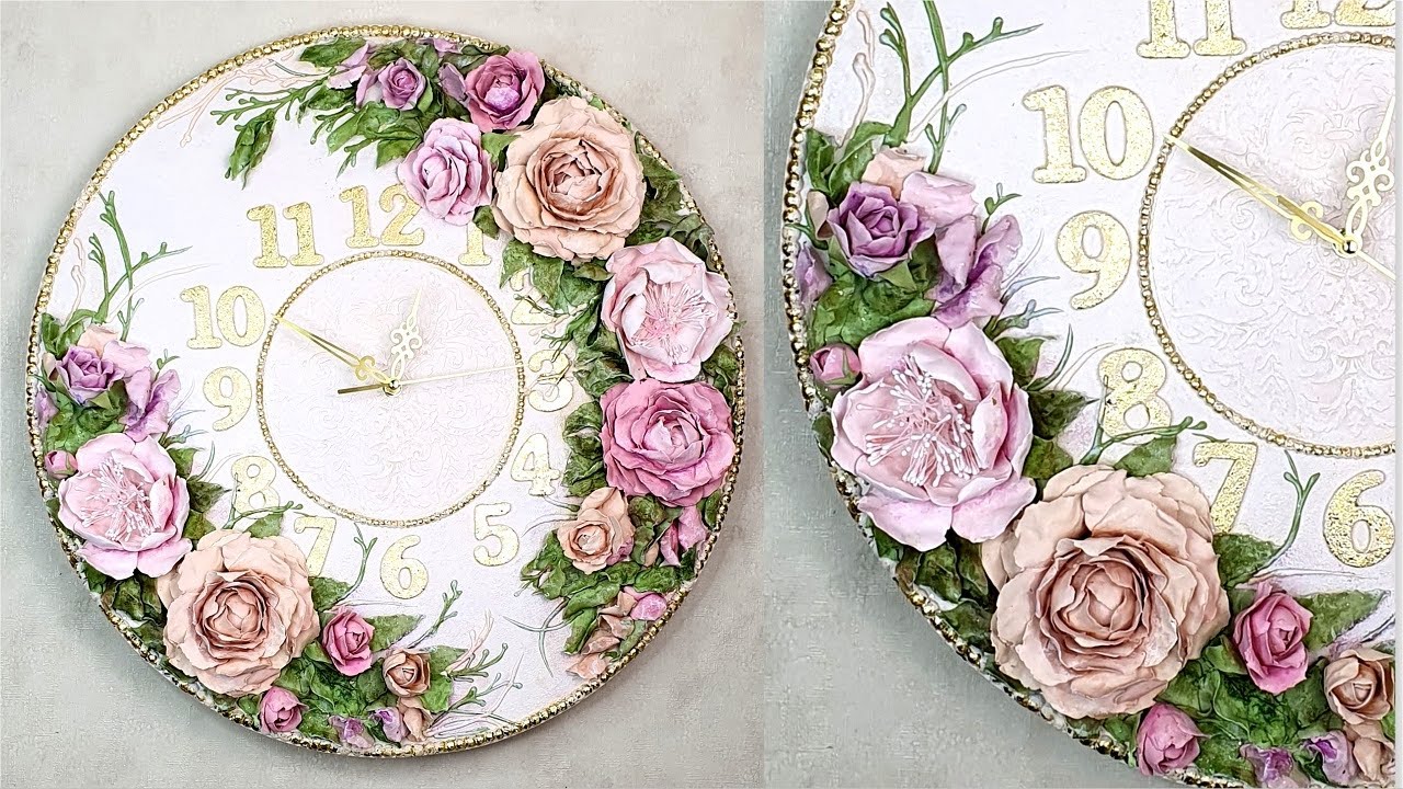 Beautiful wall clock/Handwork/ Air dry clay flowers
