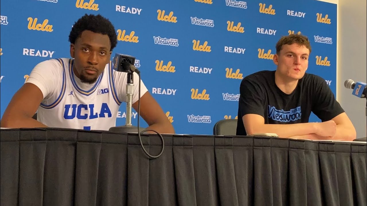 UCLA players Xavier Booker, Tyler Bilodeau after a 98-66 win over Rutgers (2.3.26)